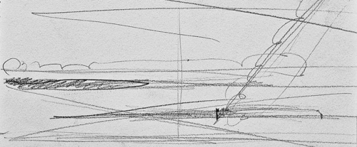 Kilauea Caldera from the Kilauea Overlook Drawing, 3 7/8" x 8 1/8", pencil on paper, 2016.